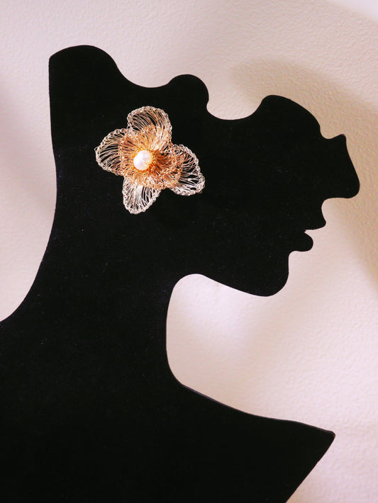Four-Petal Cluster Flower Pearl Studs – Gold & Silver Wire Artisan Jewelry