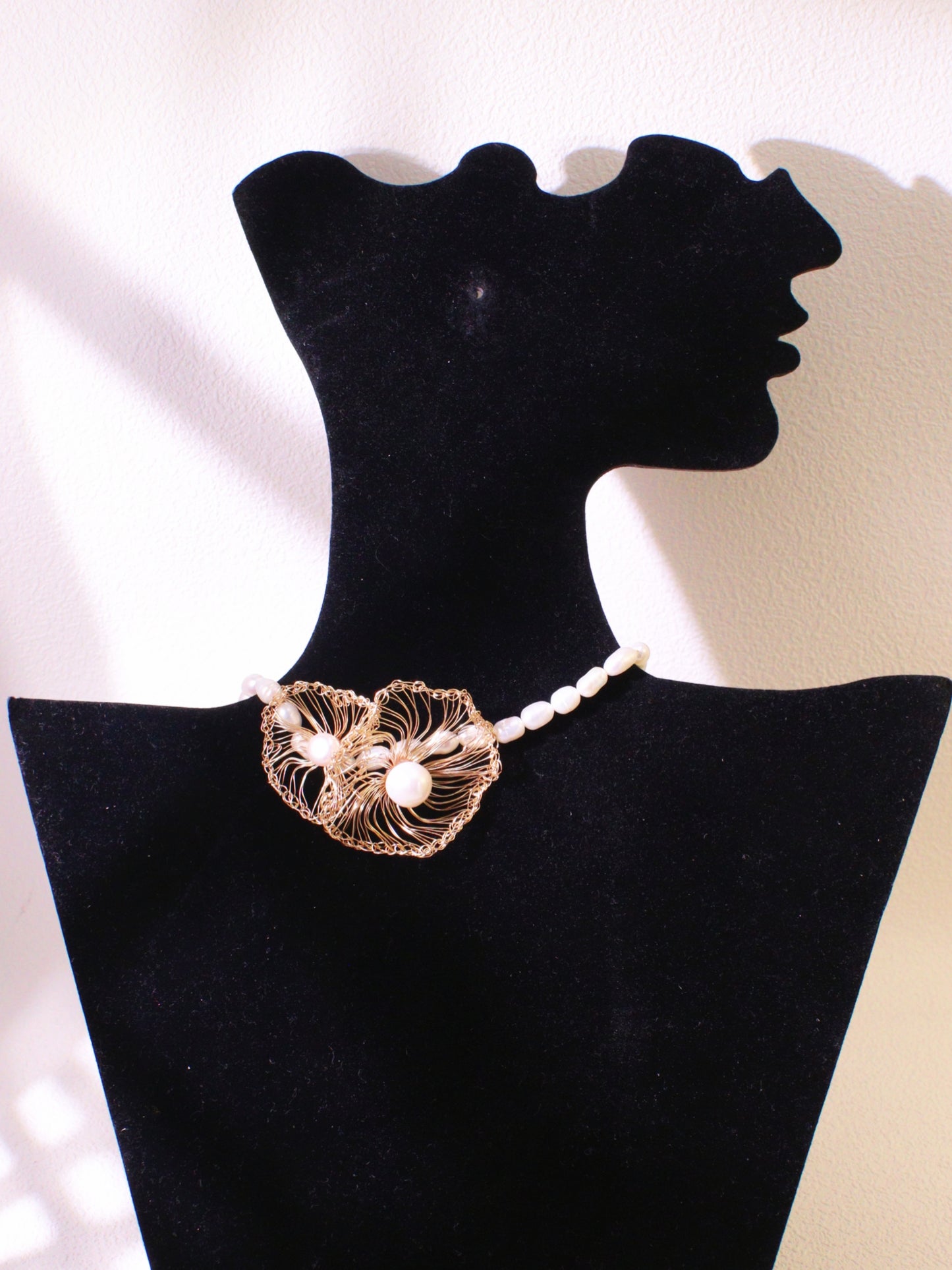 "Mother and Child" Two-Flower Pearl Necklace – Asymmetrical Artisan Choker