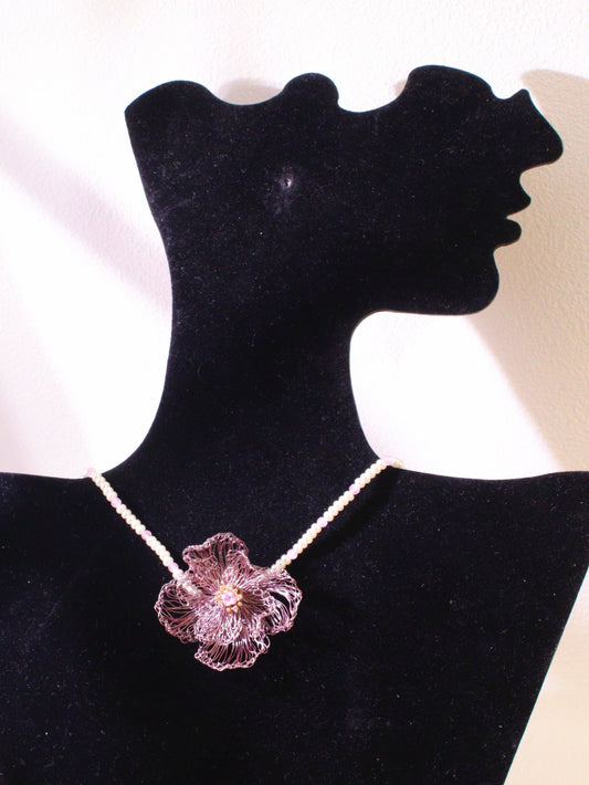 Amethyst Double Bloom Flower Choker – Hand-Crocheted Pearl Statement Necklace