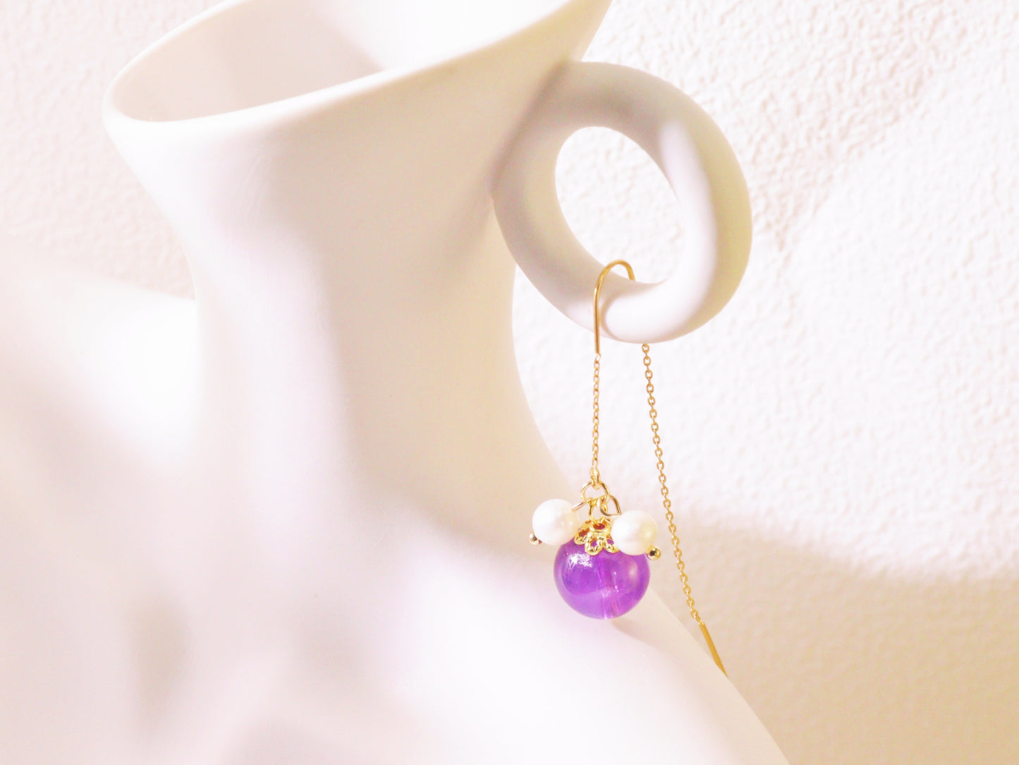Amethyst & Pearl Botanical Threader Earrings