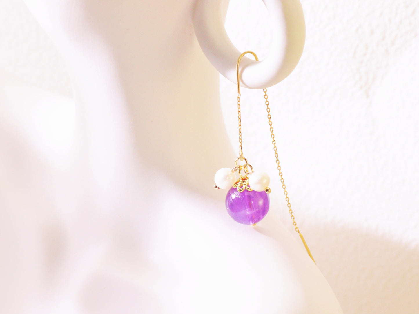 Amethyst & Pearl Botanical Threader Earrings