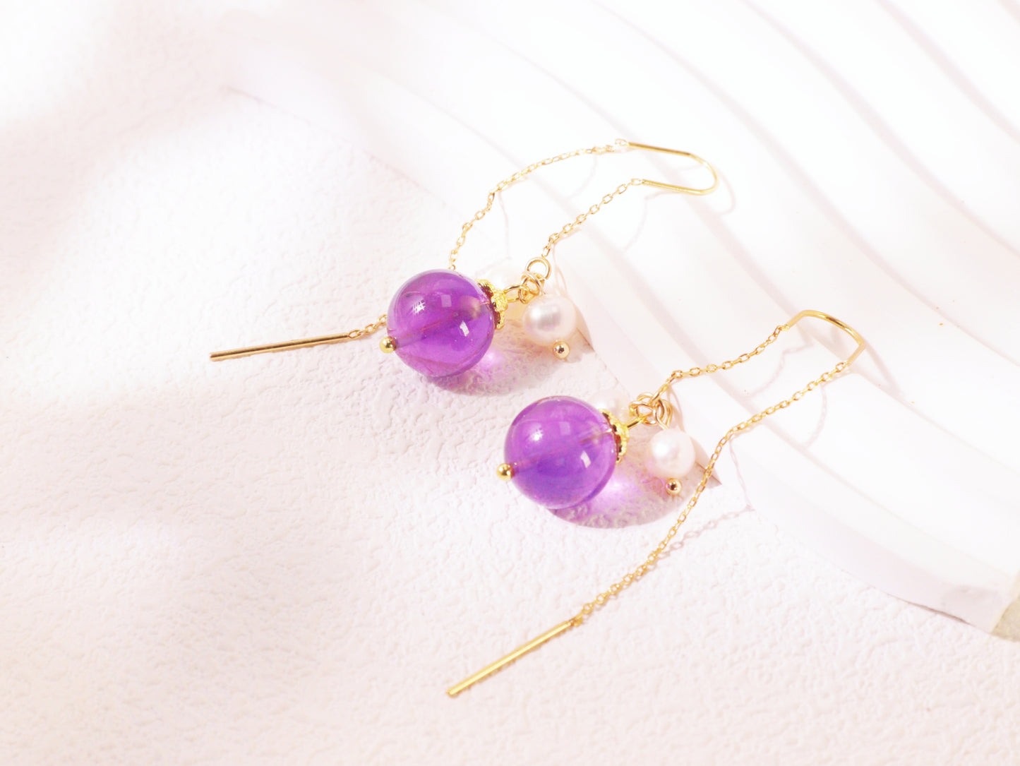Amethyst & Pearl Botanical Threader Earrings