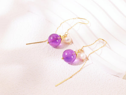 Amethyst & Pearl Botanical Threader Earrings