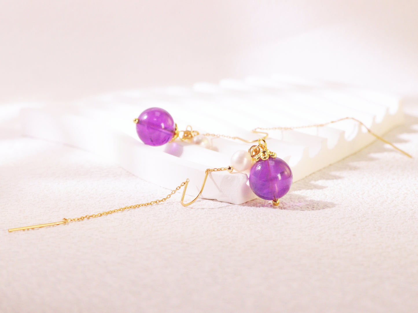 Amethyst & Pearl Botanical Threader Earrings