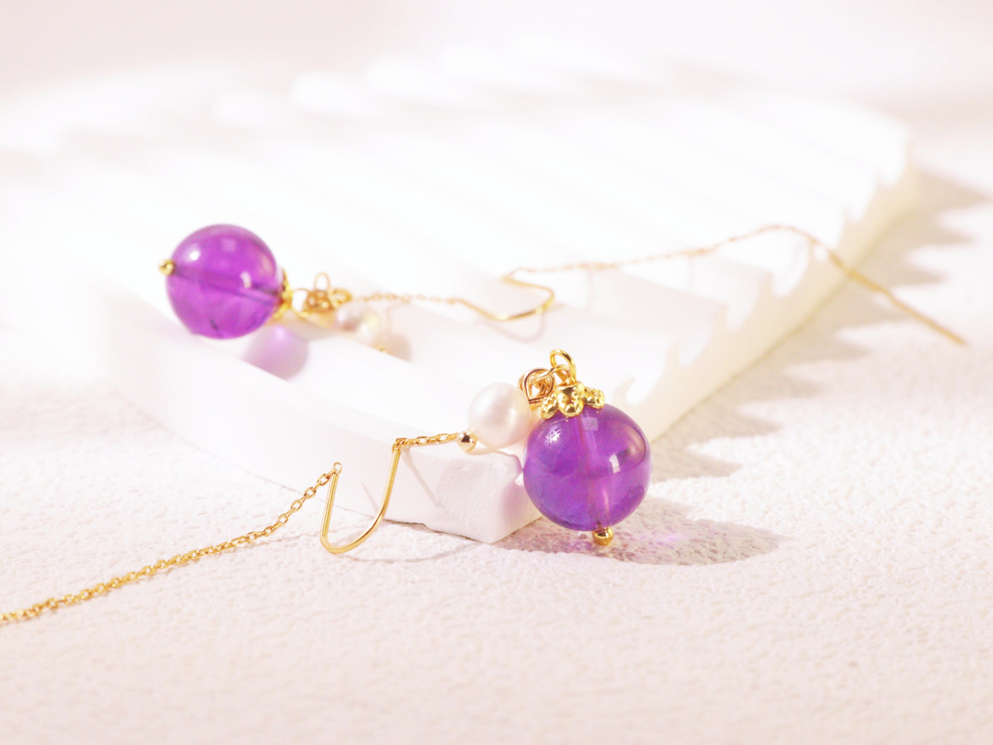 Amethyst & Pearl Botanical Threader Earrings
