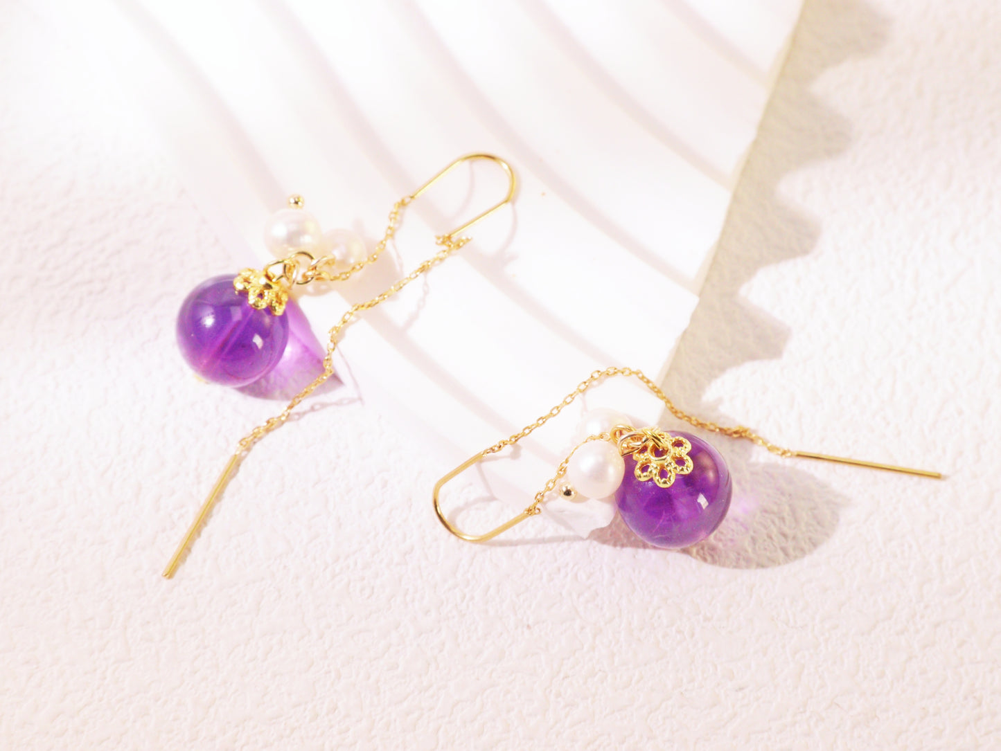 Amethyst & Pearl Botanical Threader Earrings