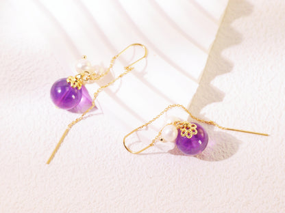 Amethyst & Pearl Botanical Threader Earrings