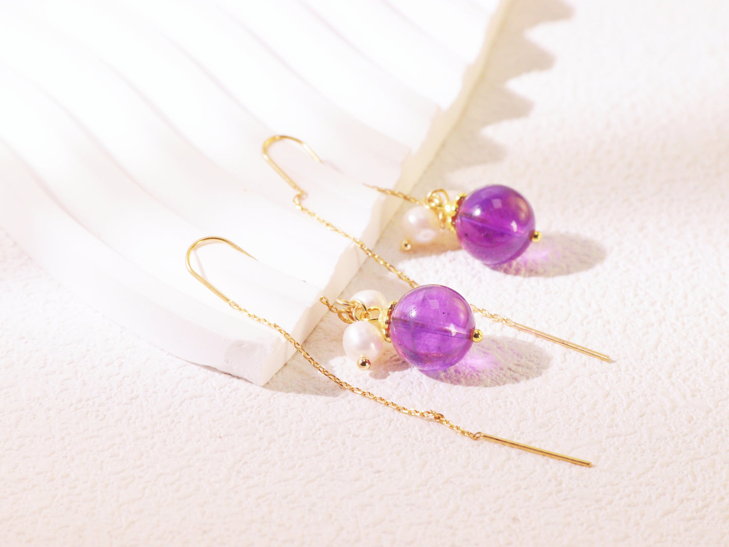 Amethyst & Pearl Botanical Threader Earrings
