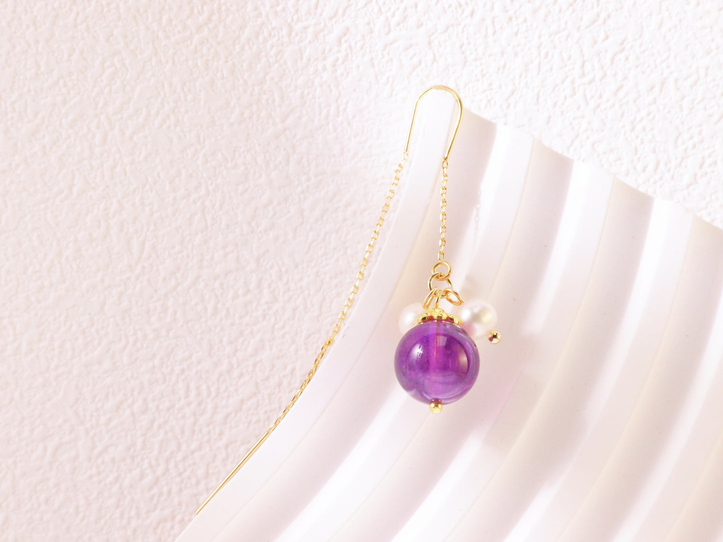 Amethyst & Pearl Botanical Threader Earrings