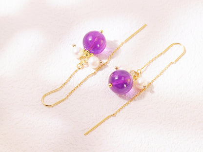 Amethyst & Pearl Botanical Threader Earrings