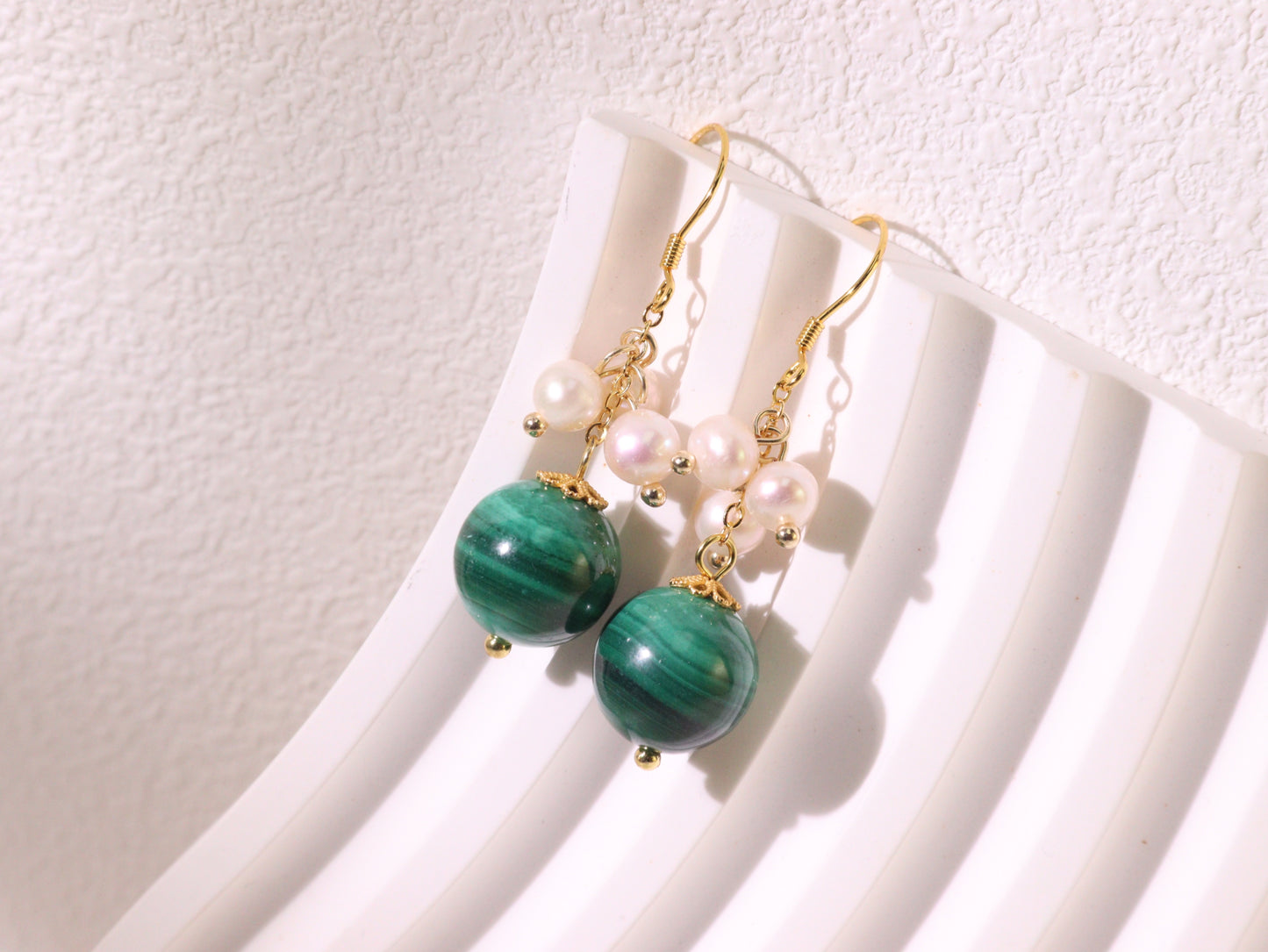 Natural Malachite & Freshwater Pearl Dangle Earrings