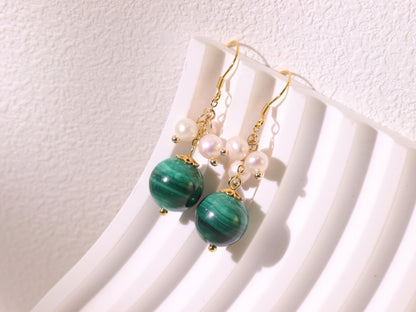 Natural Malachite & Freshwater Pearl Dangle Earrings