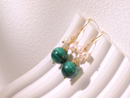 Natural Malachite & Freshwater Pearl Dangle Earrings