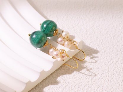 Natural Malachite & Freshwater Pearl Dangle Earrings