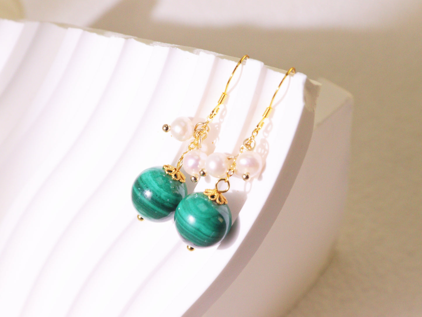 Natural Malachite & Freshwater Pearl Dangle Earrings
