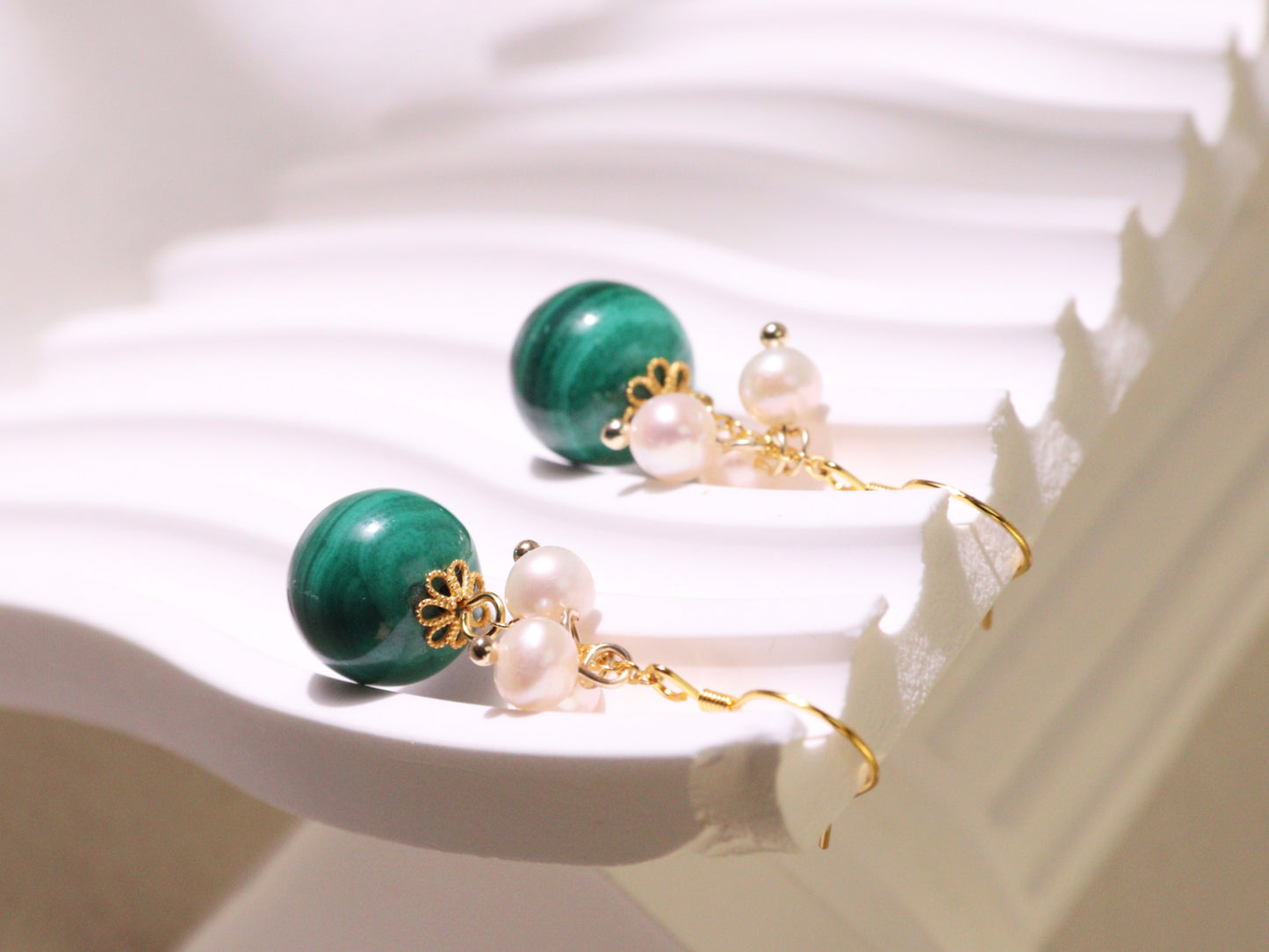 Natural Malachite & Freshwater Pearl Dangle Earrings