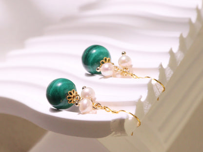 Natural Malachite & Freshwater Pearl Dangle Earrings