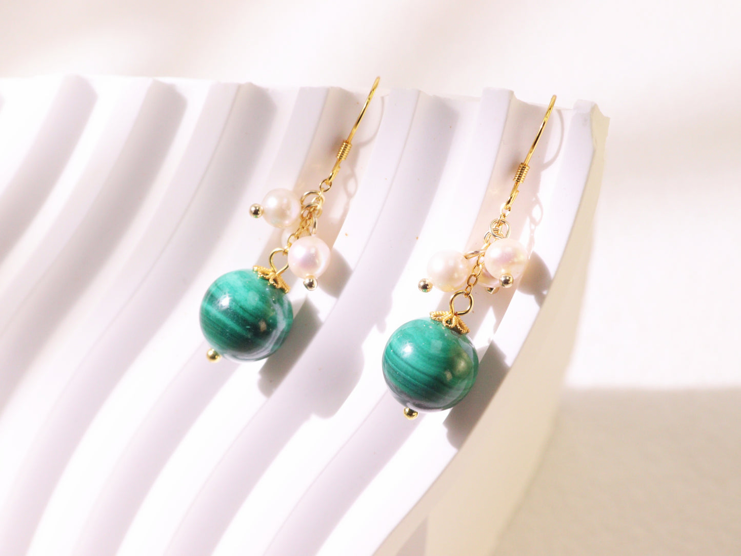 Natural Malachite & Freshwater Pearl Dangle Earrings
