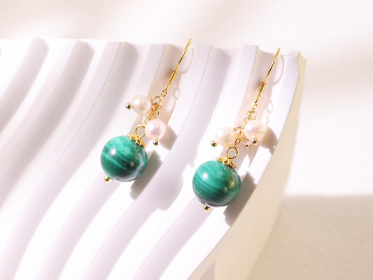 Natural Malachite & Freshwater Pearl Dangle Earrings