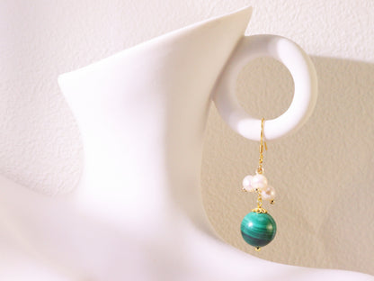 Natural Malachite & Freshwater Pearl Dangle Earrings