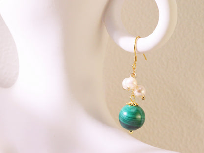 Natural Malachite & Freshwater Pearl Dangle Earrings