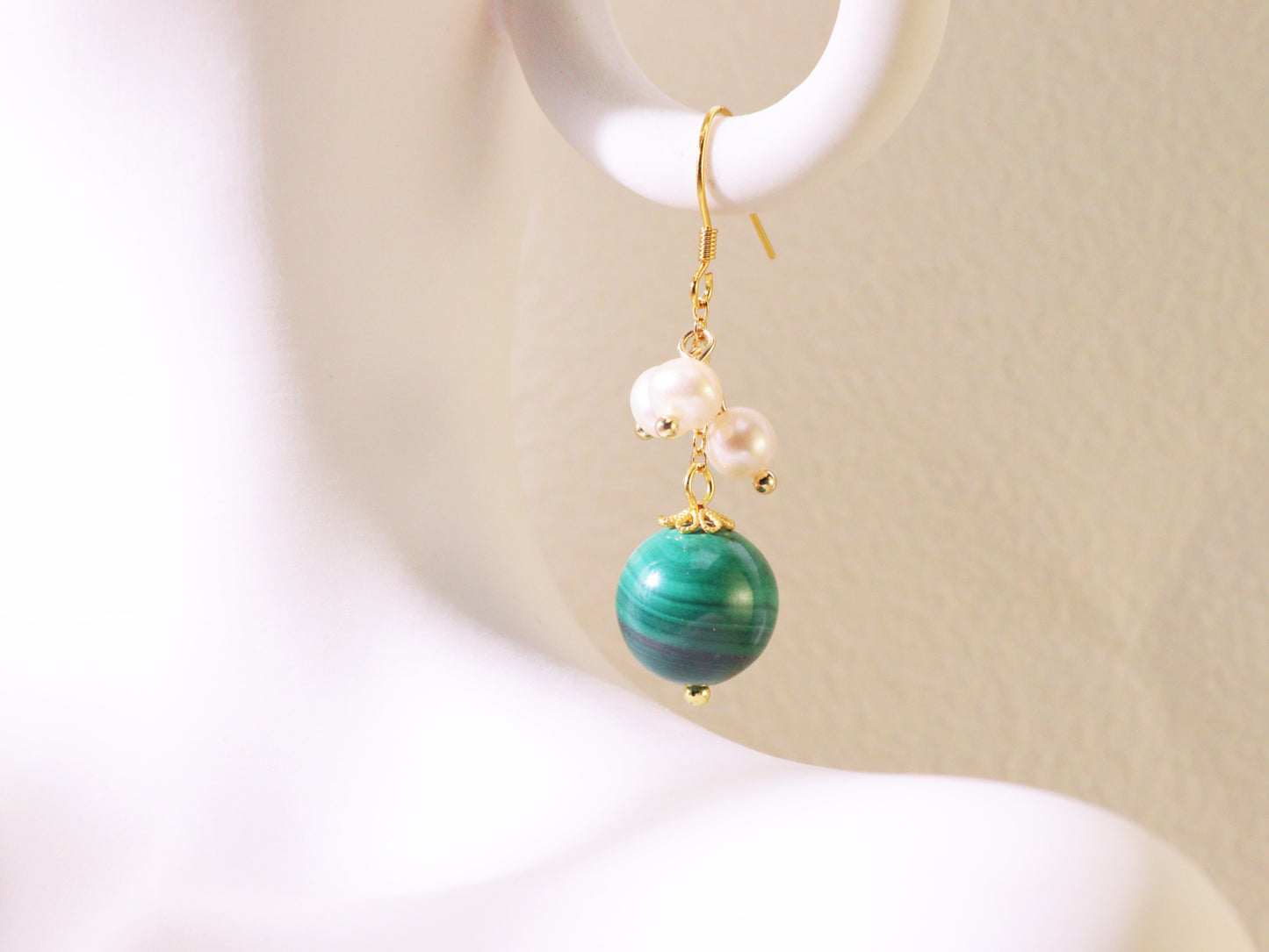 Natural Malachite & Freshwater Pearl Dangle Earrings