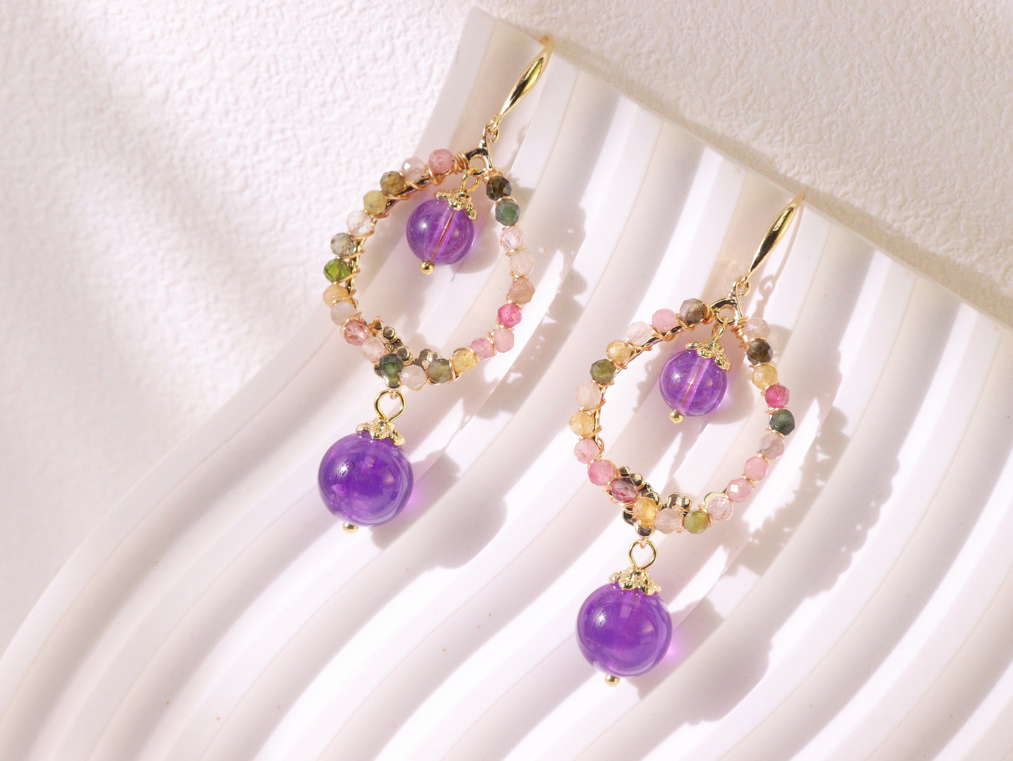 Amethyst Double Drop Hoop Earrings