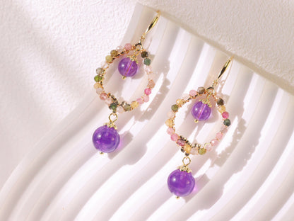Amethyst Double Drop Hoop Earrings