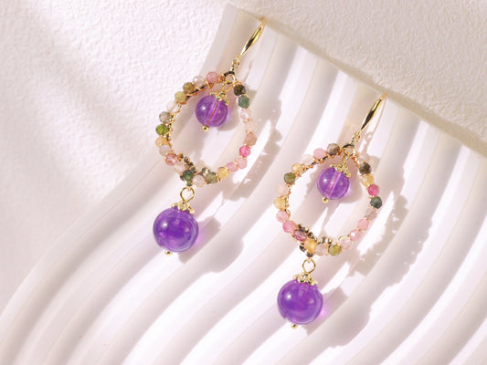 Amethyst Double Drop Hoop Earrings