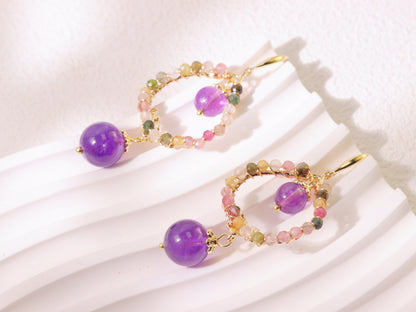 Amethyst Double Drop Hoop Earrings