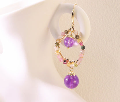 Amethyst Double Drop Hoop Earrings