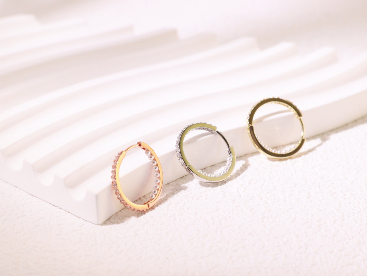Pavé Zircon & Pearl Hoop Earrings – Silver, Gold & Rose Gold