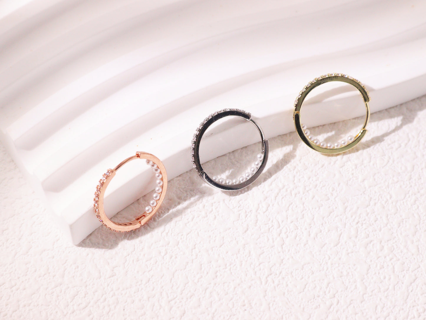 Pavé Zircon & Pearl Hoop Earrings – Silver, Gold & Rose Gold