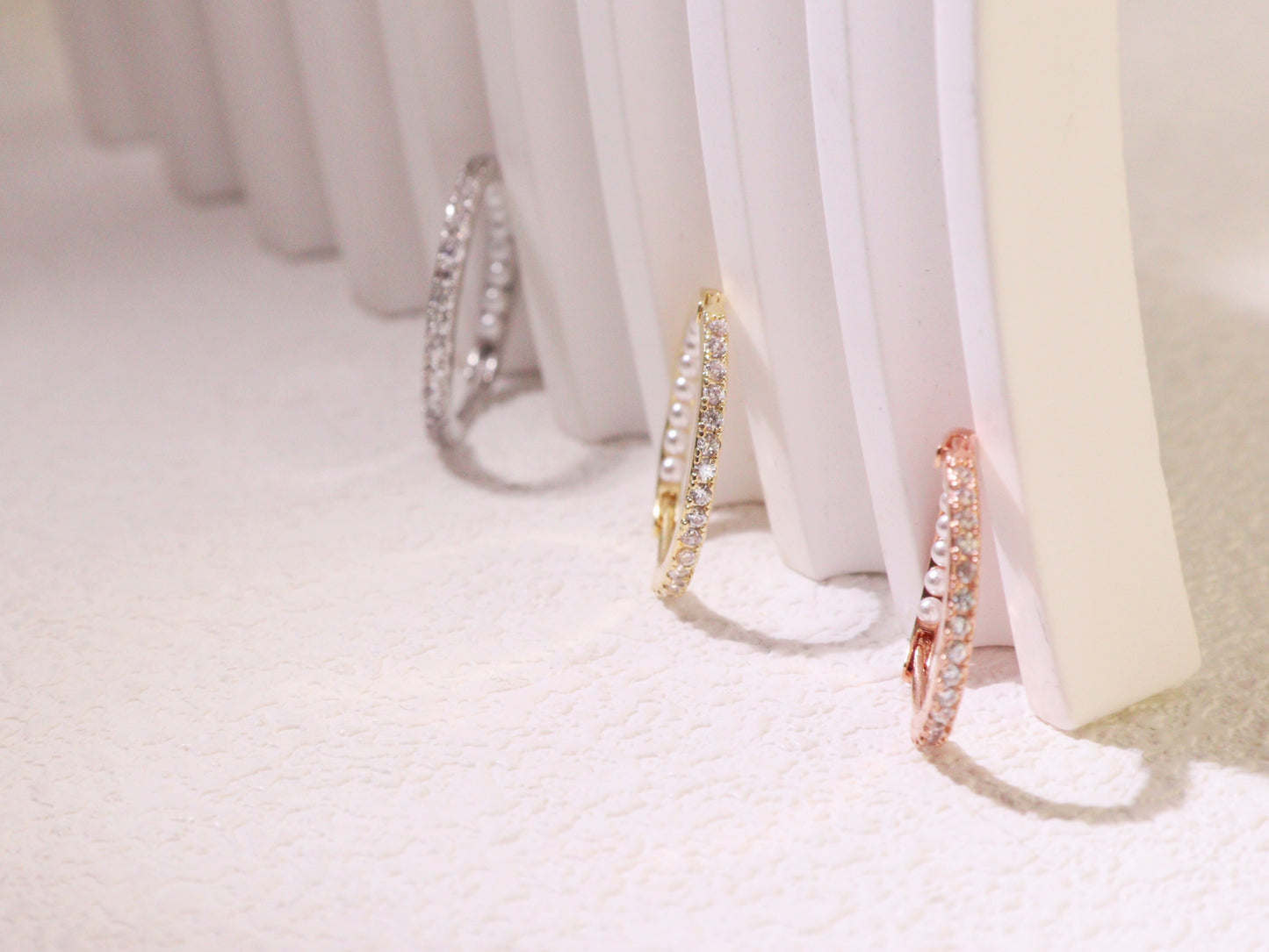 Pavé Zircon & Pearl Hoop Earrings – Silver, Gold & Rose Gold