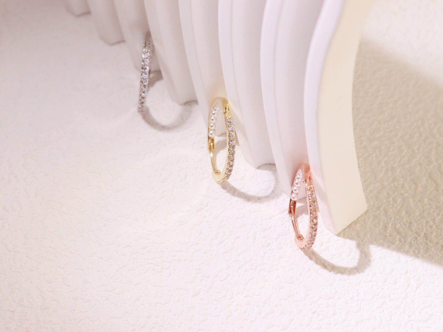 Pavé Zircon & Pearl Hoop Earrings – Silver, Gold & Rose Gold
