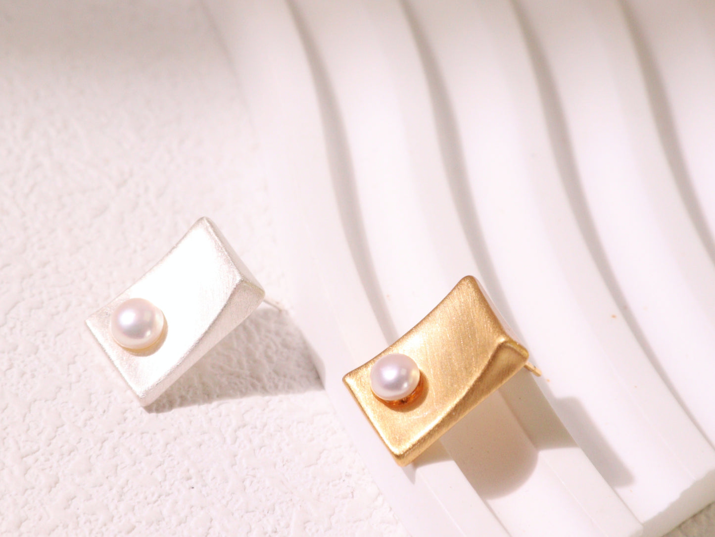 Minimalist Brushed Metal Pearl Stud Earrings