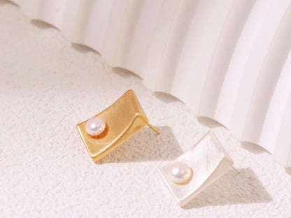 Minimalist Brushed Metal Pearl Stud Earrings