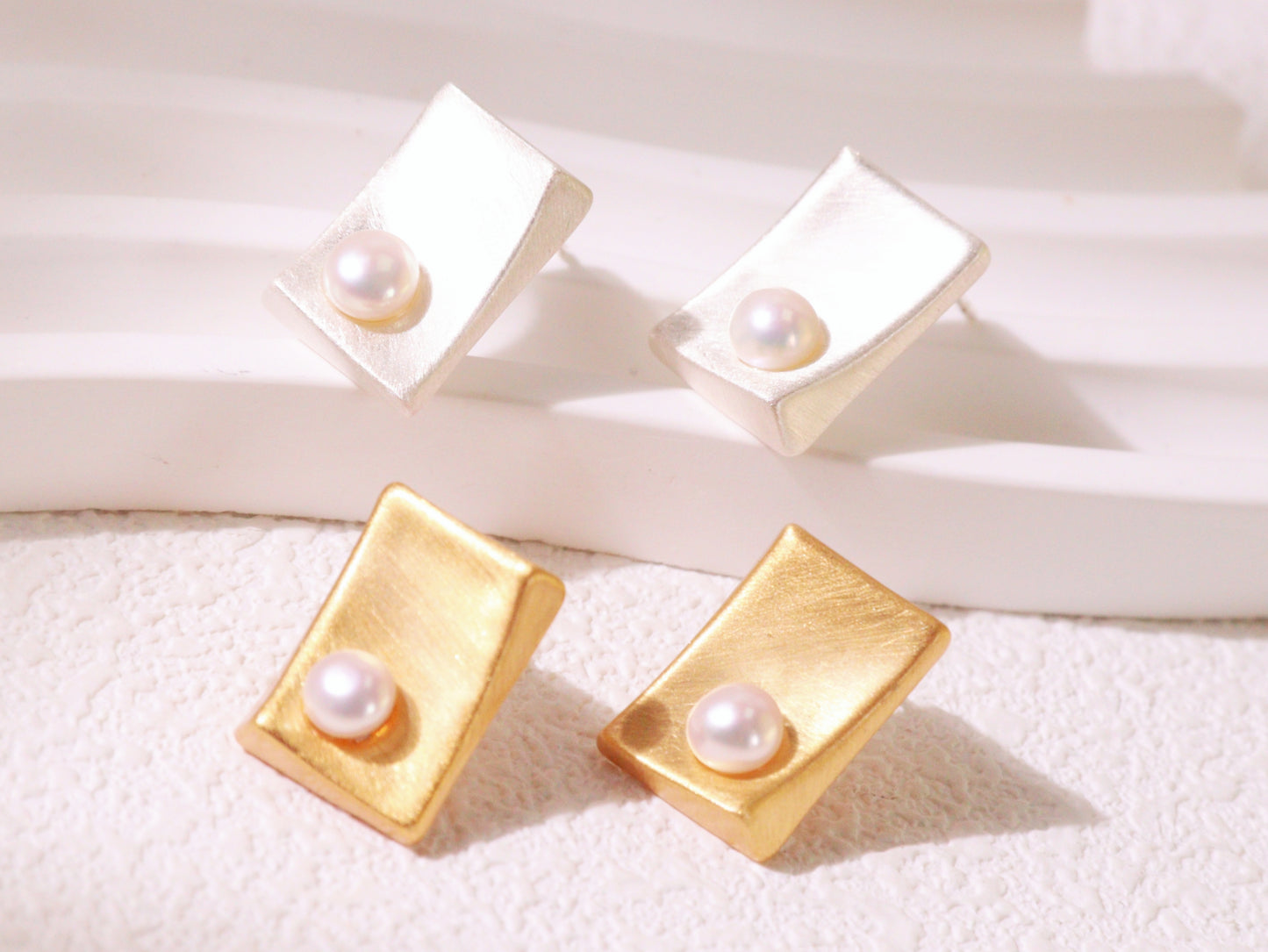Minimalist Brushed Metal Pearl Stud Earrings