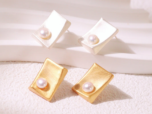 Minimalist Brushed Metal Pearl Stud Earrings