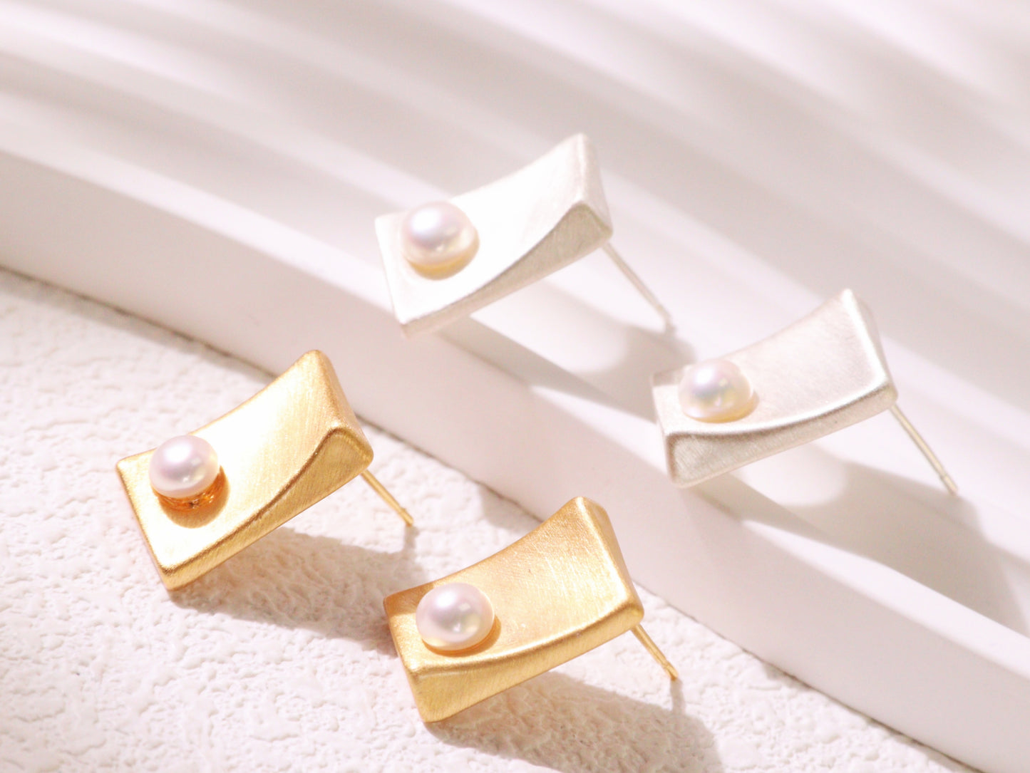 Minimalist Brushed Metal Pearl Stud Earrings