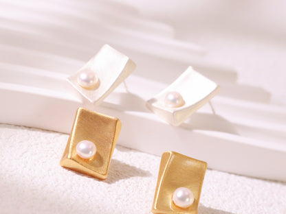 Minimalist Brushed Metal Pearl Stud Earrings