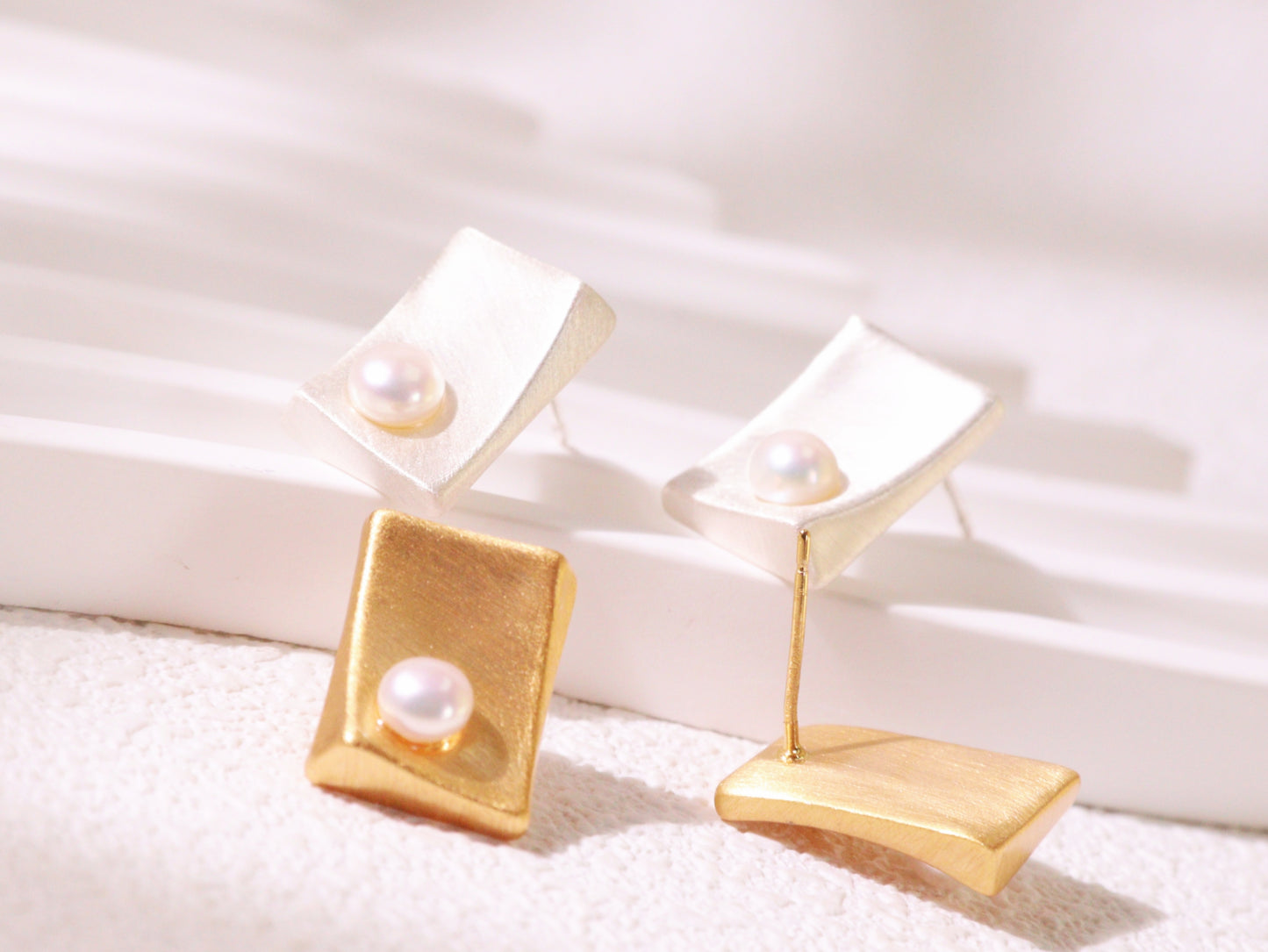Minimalist Brushed Metal Pearl Stud Earrings