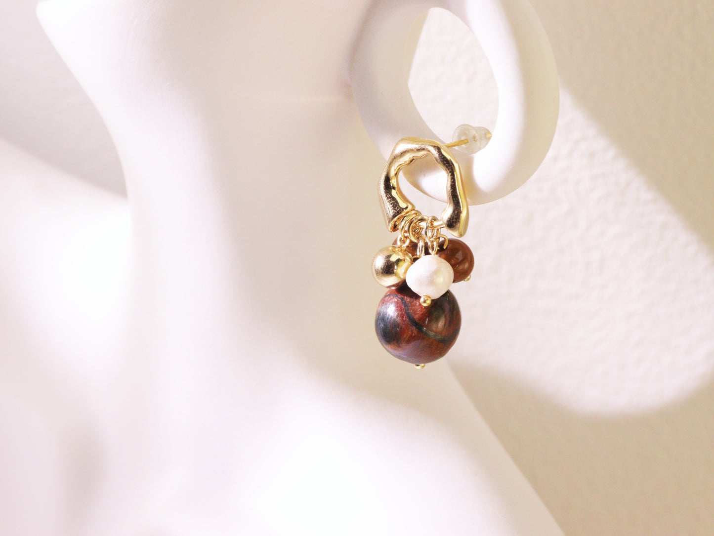 Tiger Eye & Freshwater Pearl Cluster Earrings