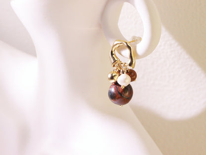 Tiger Eye & Freshwater Pearl Cluster Earrings