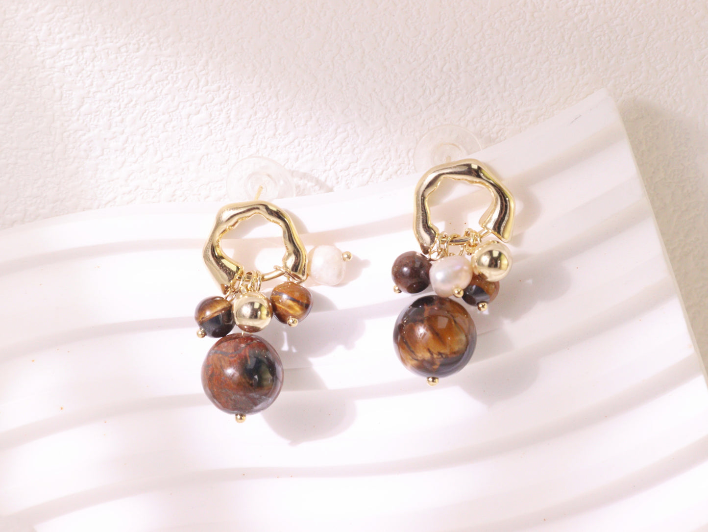 Tiger Eye & Freshwater Pearl Cluster Earrings