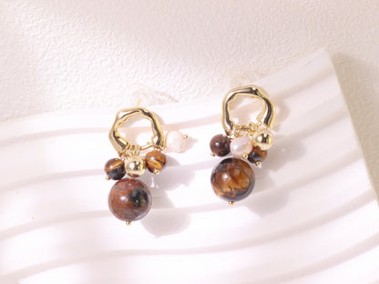Tiger Eye & Freshwater Pearl Cluster Earrings