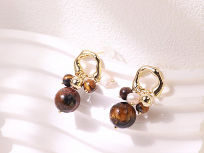 Tiger Eye & Freshwater Pearl Cluster Earrings