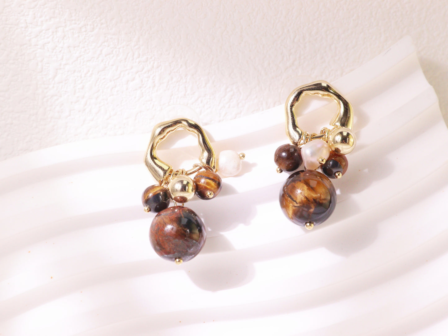 Tiger Eye & Freshwater Pearl Cluster Earrings