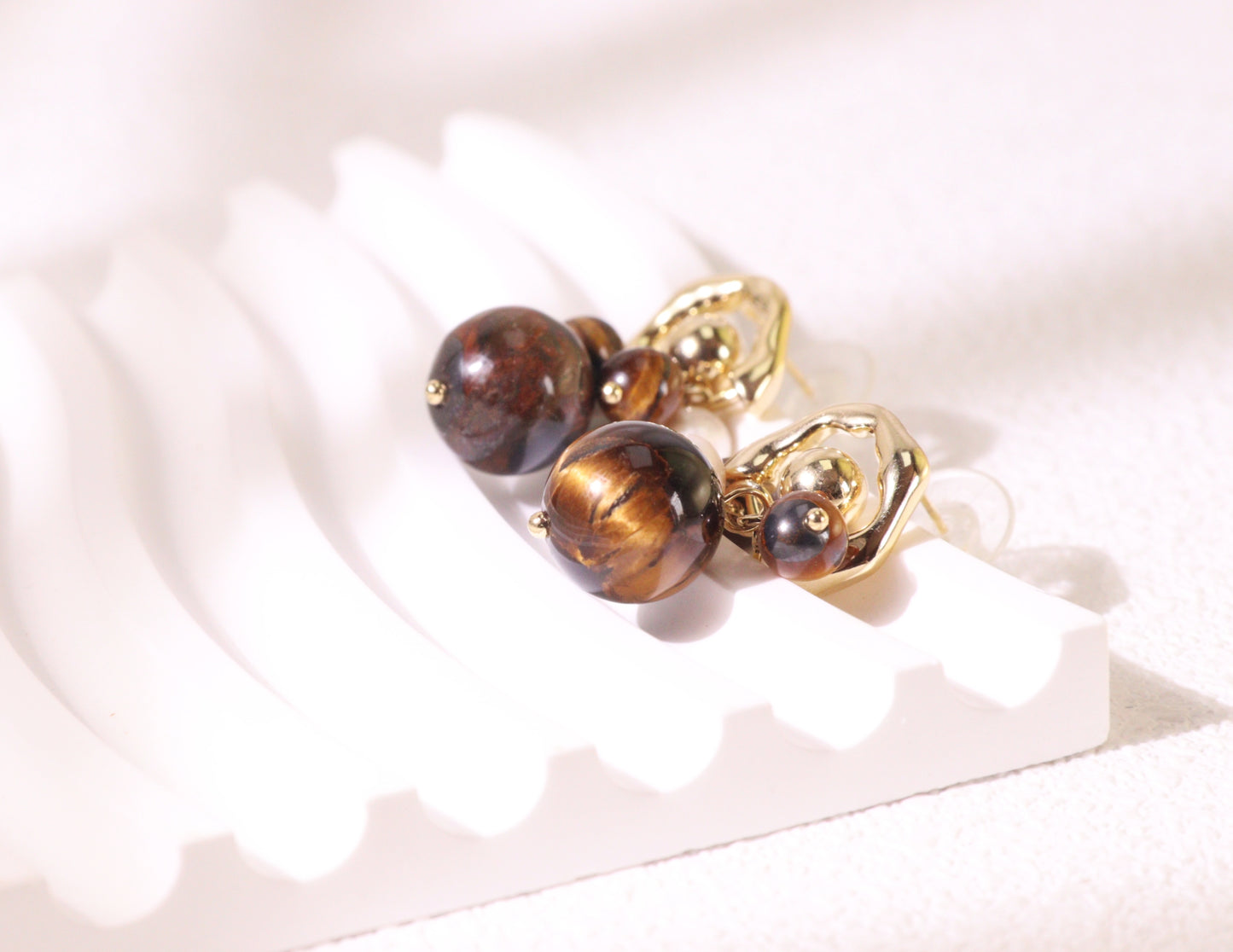 Tiger Eye & Freshwater Pearl Cluster Earrings