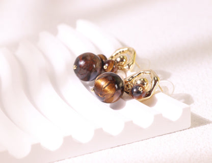 Tiger Eye & Freshwater Pearl Cluster Earrings